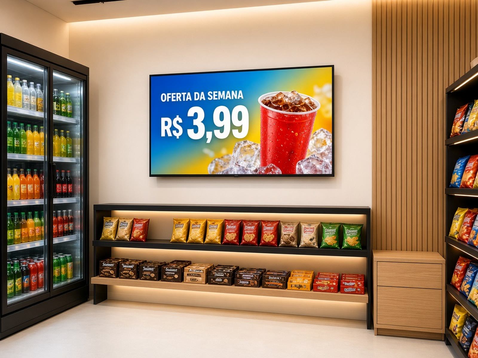TV no meio de uma loja exibindo uma oferta acima das prateleiras