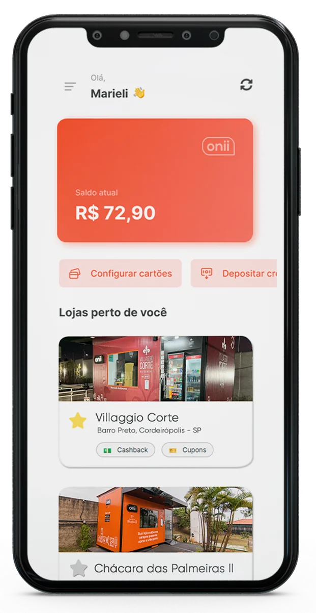 Aplicativo da Onii no celular, com o saldo do cliente e as lojas autônomas perto dele